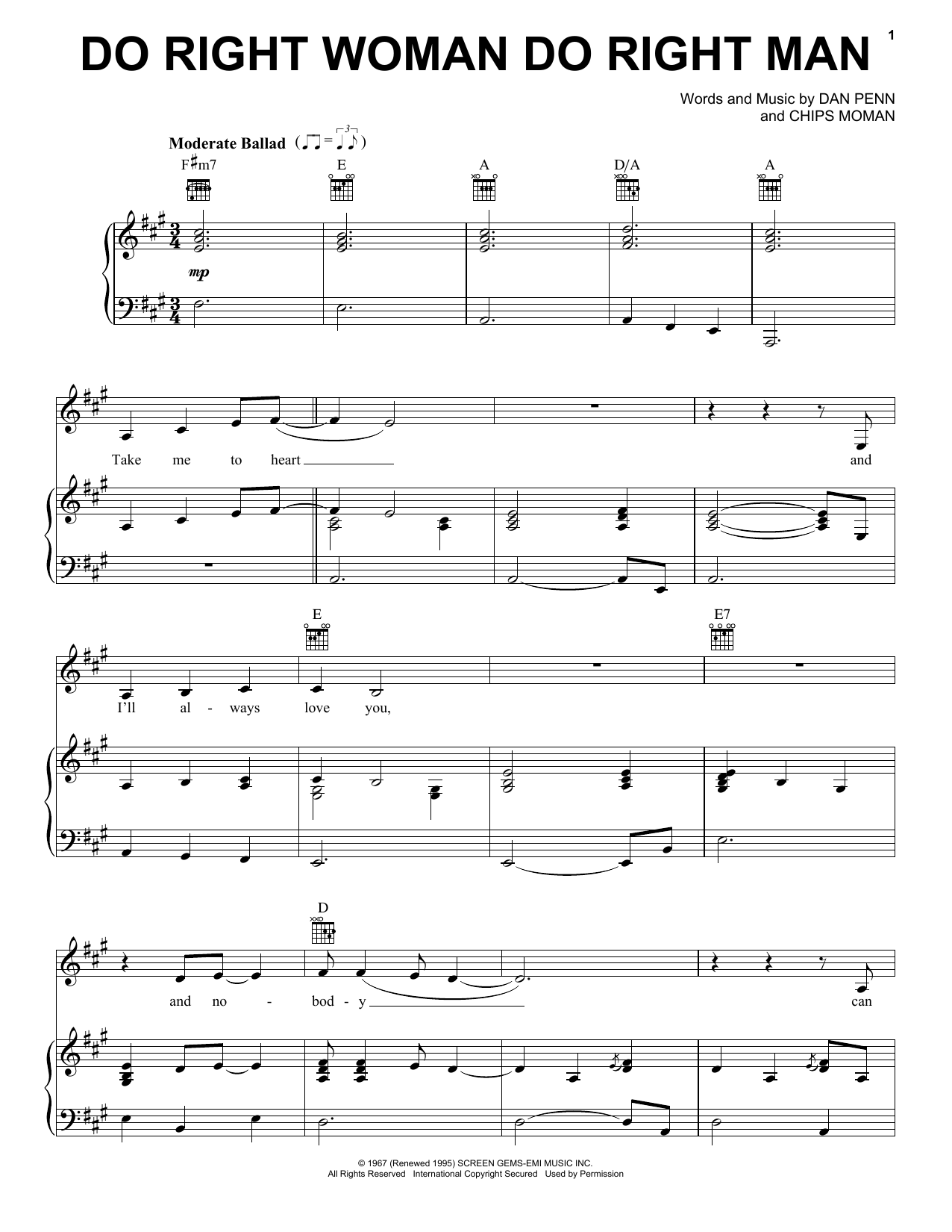 Preview Aretha Franklin Do Right Woman Do Right Man R & B sheet music, notes and chords for Piano, Vocal & Guitar (Right-Hand Melody), SKU: 51486 Download Aretha Franklin Do Right Woman Do Right Man sheet music and printable PDF score & R & B music notes