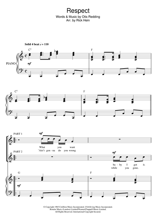 Preview Aretha Franklin Respect (arr. Rick Hein) Soul sheet music, notes and chords for 2-Part Choir, SKU: 121343 sheet music, piano notes, chords, guitar tabs, score, transpose, transcribe, how to play, guide, download, learn, tutorial, progression, song, artist, awards, billboard, mtv, vh1, tour, single, album, release