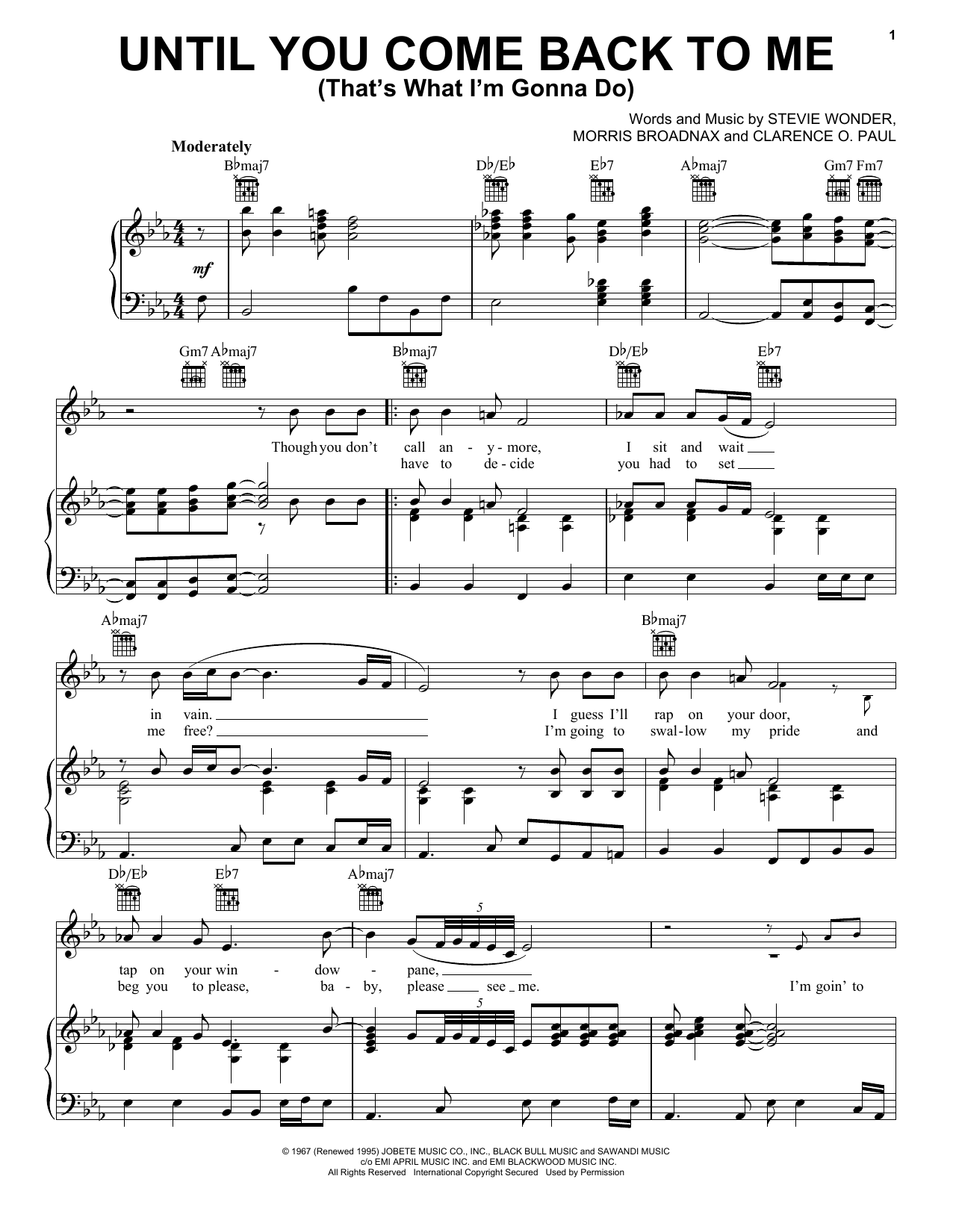 Preview Aretha Franklin Until You Come Back To Me (That's What I'm Gonna Do) R & B sheet music, notes and chords for Piano, Vocal & Guitar (Right-Hand Melody), SKU: 21938 Download Aretha Franklin Until You Come Back To Me (That's What I'm Gonna Do) sheet music and printable PDF score & R & B music notes