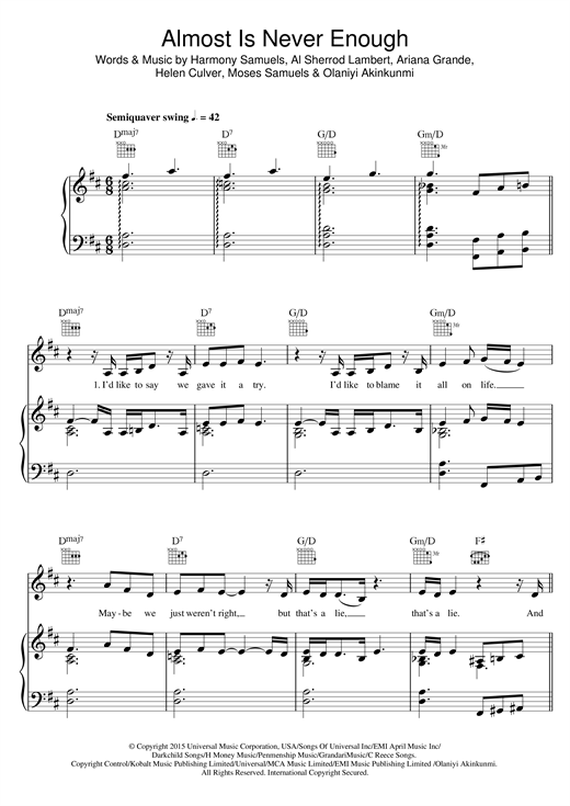 Preview Ariana Grande Almost Is Never Enough (feat. Nathan Sykes) Pop sheet music, notes and chords for Piano, Vocal & Guitar, SKU: 122418 sheet music, piano notes, chords, guitar tabs, score, transpose, transcribe, how to play, guide, download, learn, tutorial, progression, song, artist, awards, billboard, mtv, vh1, tour, single, album, release