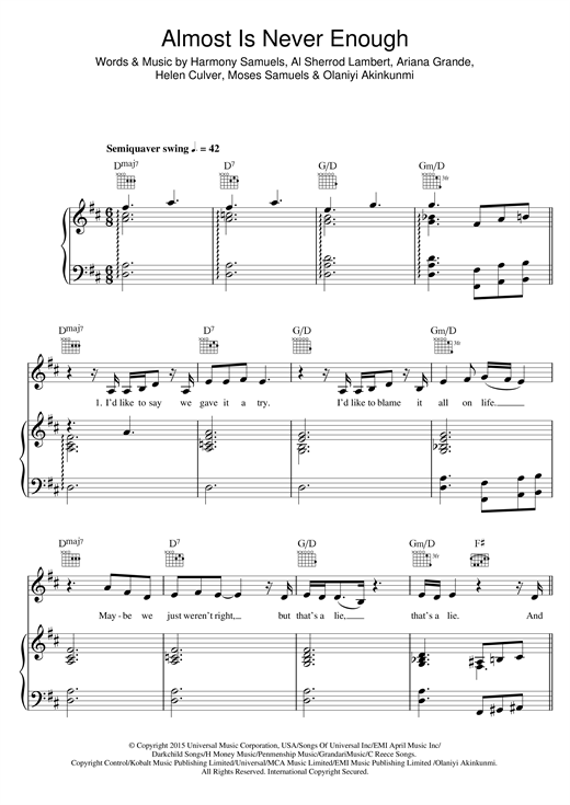 Preview Ariana Grande Almost Is Never Enough (feat. Nathan Sykes) Pop sheet music, notes and chords for Piano, Vocal & Guitar, SKU: 122418 sheet music, piano notes, chords, guitar tabs, score, transpose, transcribe, how to play, guide, download, learn, tutorial, progression, song, artist, awards, billboard, mtv, vh1, tour, single, album, release