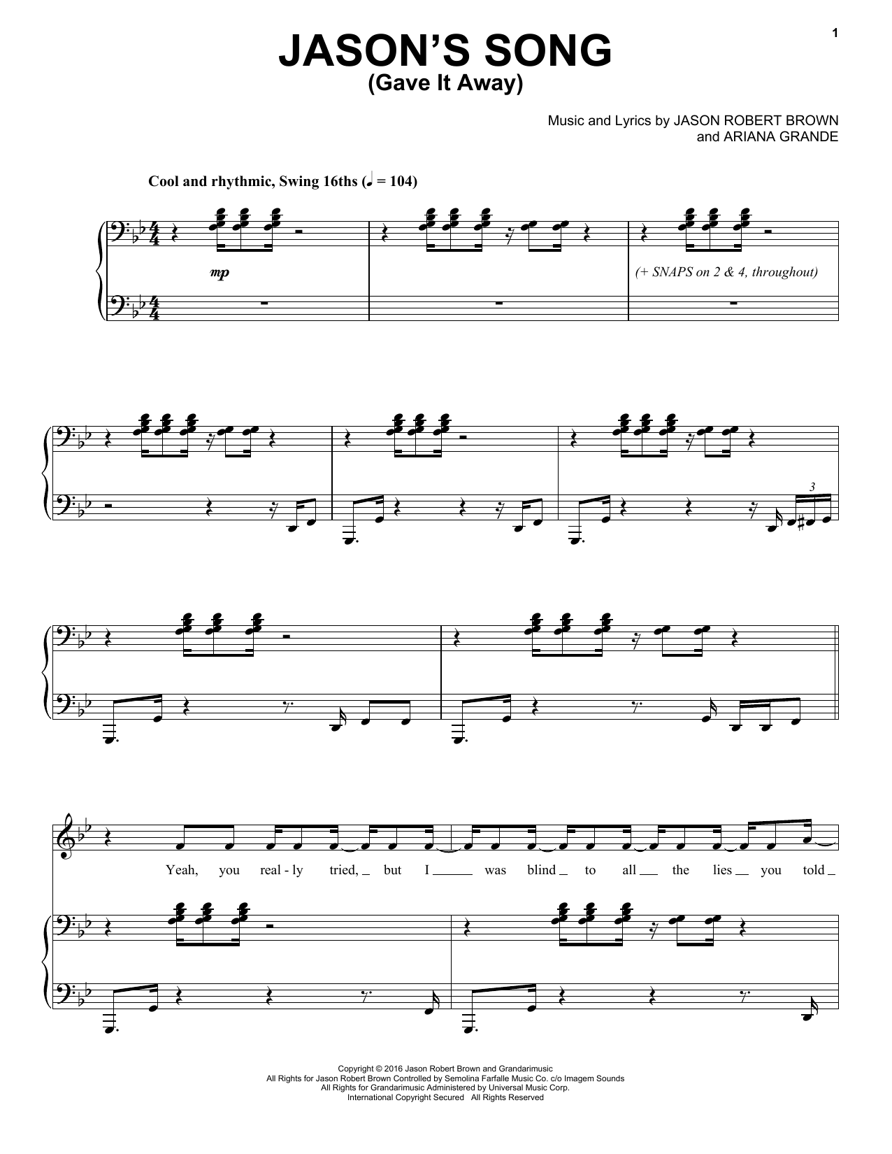 Preview Ariana Grande Jason's Song (Gave It Away) Pop sheet music, notes and chords for Piano & Vocal, SKU: 174671 sheet music, piano notes, chords, guitar tabs, score, transpose, transcribe, how to play, guide, download, learn, tutorial, progression, song, artist, awards, billboard, mtv, vh1, tour, single, album, release