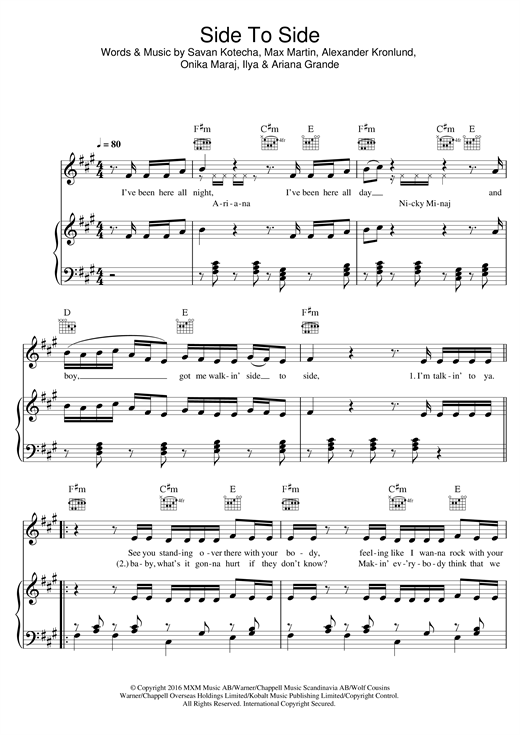 Preview Ariana Grande Side To Side (feat. Nicki Minaj) Rock sheet music, notes and chords for Piano (Big Notes), SKU: 181534 sheet music, piano notes, chords, guitar tabs, score, transpose, transcribe, how to play, guide, download, learn, tutorial, progression, song, artist, awards, billboard, mtv, vh1, tour, single, album, release