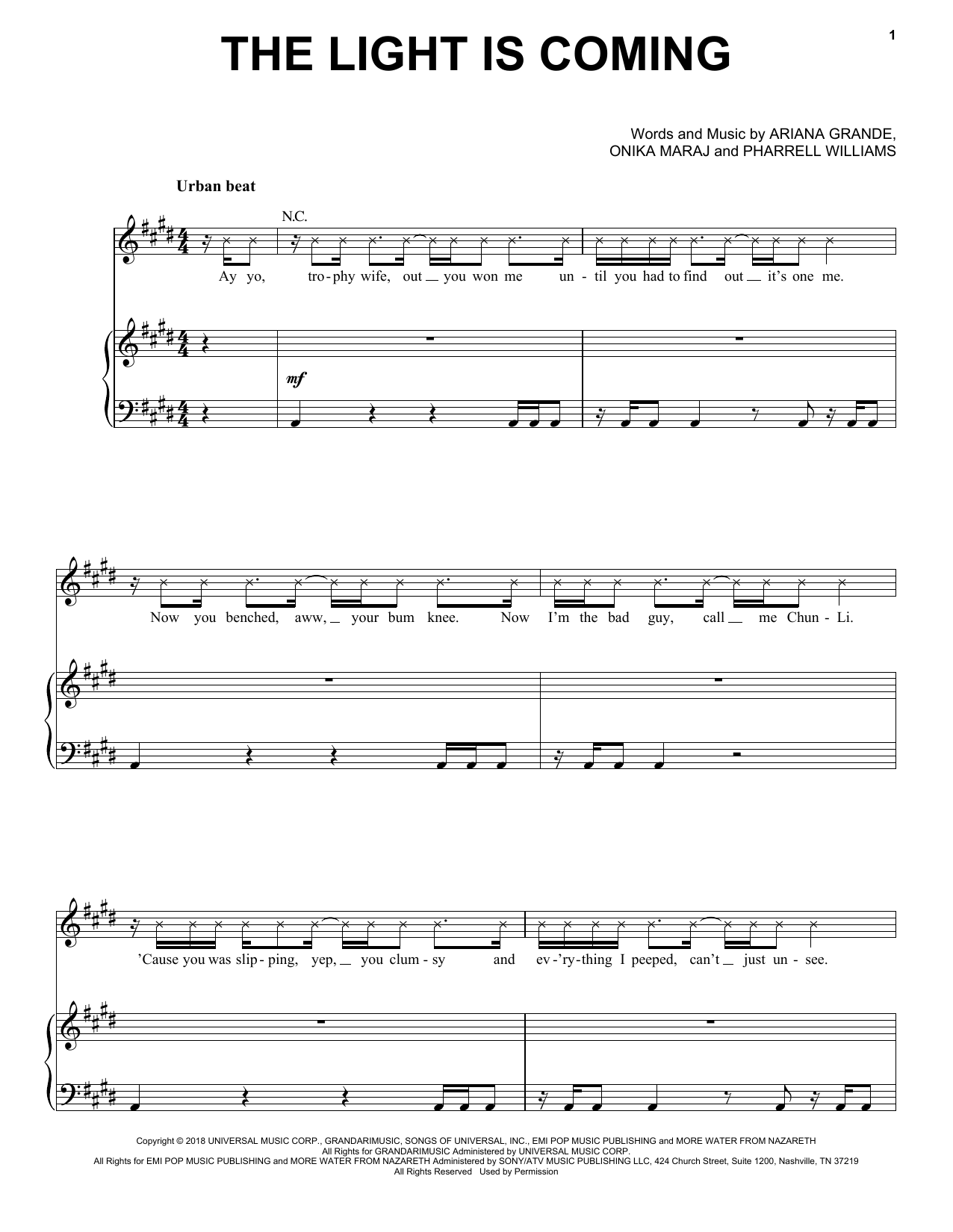 Ariana Grande The Light Is Coming Feat Nicki Minaj Sheet Music Download Printable Pop Pdf Piano Vocal Guitar Right Hand Melody Score Sku 406837