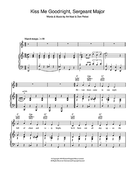 Preview Art Noel Kiss Me Goodnight, Sergeant Major Traditional sheet music, notes and chords for Melody Line, Lyrics & Chords, SKU: 108277 sheet music, piano notes, chords, guitar tabs, score, transpose, transcribe, how to play, guide, download, learn, tutorial, progression, song, artist, awards, billboard, mtv, vh1, tour, single, album, release