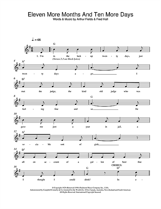 Preview Arthur Fields Eleven More Months And Ten More Days Traditional sheet music, notes and chords for Melody Line, Lyrics & Chords, SKU: 107913 sheet music, piano notes, chords, guitar tabs, score, transpose, transcribe, how to play, guide, download, learn, tutorial, progression, song, artist, awards, billboard, mtv, vh1, tour, single, album, release