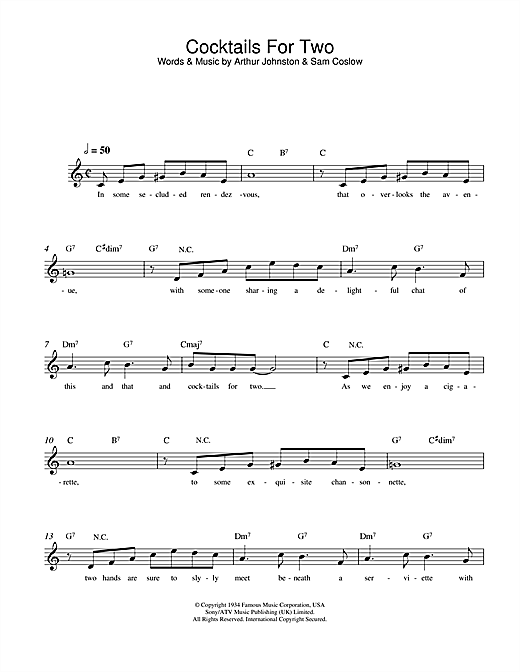 Preview Arthur Johnston Cocktails For Two Easy Listening sheet music, notes and chords for Melody Line, Lyrics & Chords, SKU: 108247 sheet music, piano notes, chords, guitar tabs, score, transpose, transcribe, how to play, guide, download, learn, tutorial, progression, song, artist, awards, billboard, mtv, vh1, tour, single, album, release