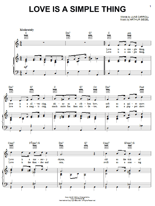 Preview Arthur Siegel Love Is A Simple Thing Jazz sheet music, notes and chords for Piano, Vocal & Guitar (Right-Hand Melody), SKU: 16566 sheet music, piano notes, chords, guitar tabs, score, transpose, transcribe, how to play, guide, download, learn, tutorial, progression, song, artist, awards, billboard, mtv, vh1, tour, single, album, release