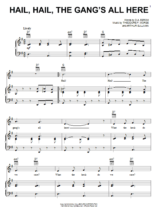 Preview Arthur Seymour Sullivan Hail! Hail! The Gang's All Here! Children sheet music, notes and chords for Piano, Vocal & Guitar (Right-Hand Melody), SKU: 69251 Download Arthur Seymour Sullivan Hail! Hail! The Gang's All Here! sheet music and printable PDF score & Children music notes