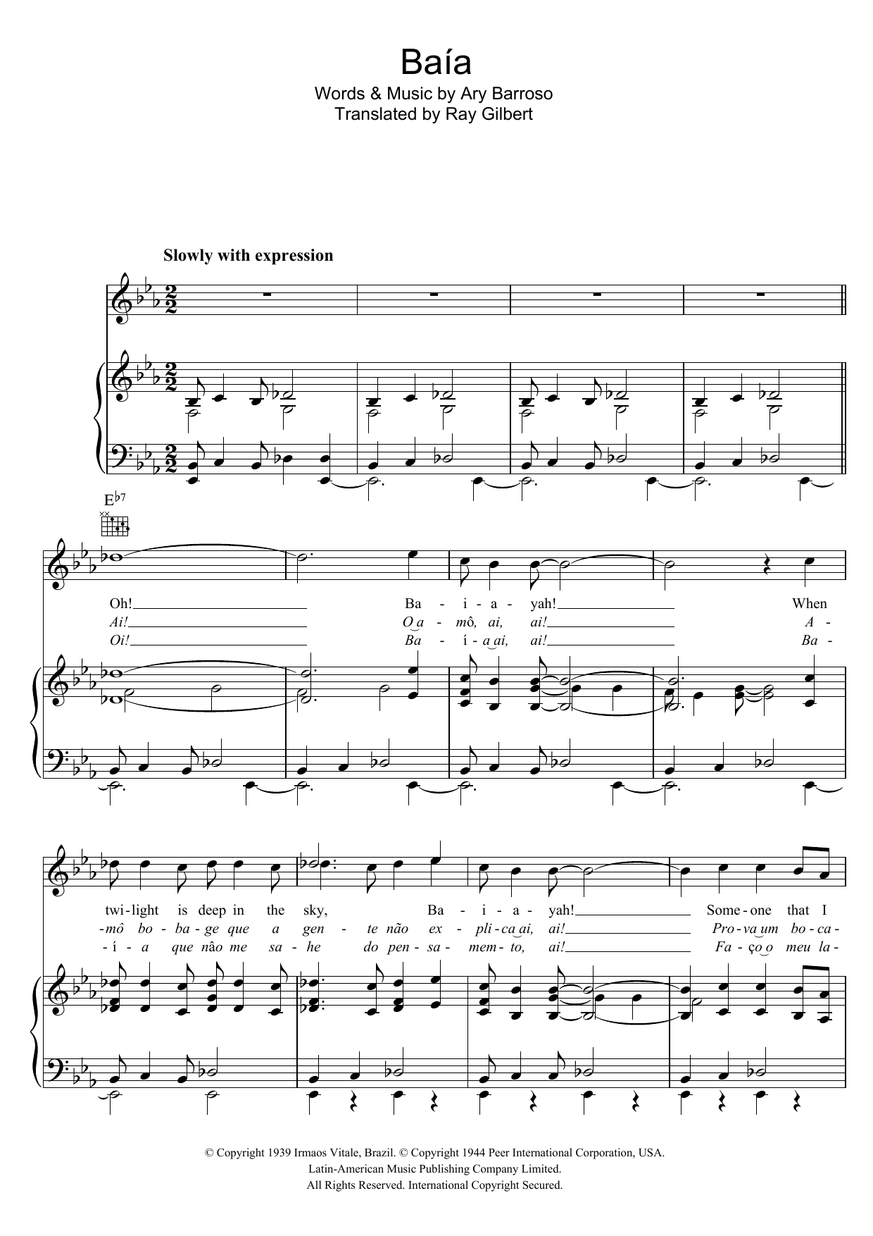 Preview Ary Barroso Baia Latin sheet music, notes and chords for Piano, Vocal & Guitar (Right-Hand Melody), SKU: 47847 Download Ary Barroso Baia sheet music and printable PDF score & Latin music notes