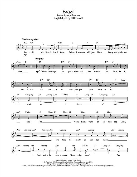Preview Ary Barroso Brazil Film and TV sheet music, notes and chords for Melody Line, Lyrics & Chords, SKU: 13973 sheet music, piano notes, chords, guitar tabs, score, transpose, transcribe, how to play, guide, download, learn, tutorial, progression, song, artist, awards, billboard, mtv, vh1, tour, single, album, release