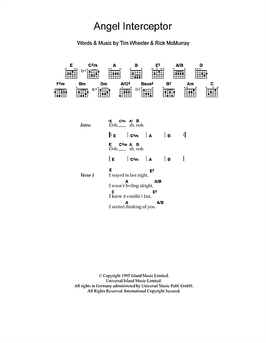 Preview Ash Angel Interceptor Pop sheet music, notes and chords for Piano, Vocal & Guitar (Right-Hand Melody), SKU: 15110 sheet music, piano notes, chords, guitar tabs, score, transpose, transcribe, how to play, guide, download, learn, tutorial, progression, song, artist, awards, billboard, mtv, vh1, tour, single, album, release