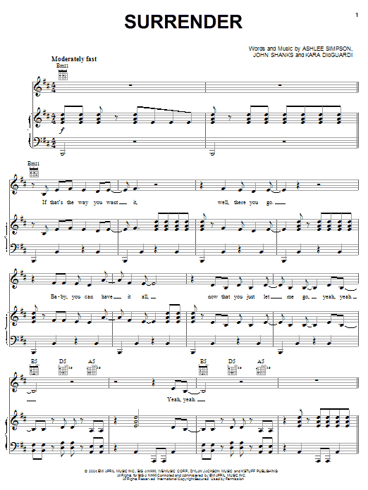 Download Ashlee Simpson Surrender sheet music and printable PDF score & Pop music notes