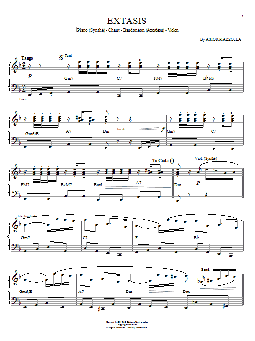 Download Astor Piazzolla Extasis sheet music and printable PDF score & Jazz music notes