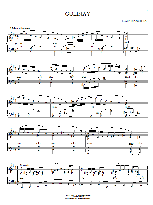 Download Astor Piazzolla Gulinay sheet music and printable PDF score & Jazz music notes