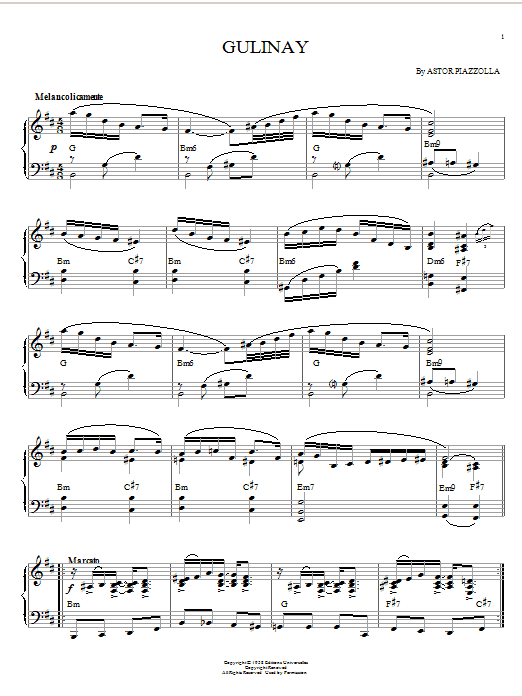 Preview Astor Piazzolla Gulinay Jazz sheet music, notes and chords for Piano, SKU: 58820 sheet music, piano notes, chords, guitar tabs, score, transpose, transcribe, how to play, guide, download, learn, tutorial, progression, song, artist, awards, billboard, mtv, vh1, tour, single, album, release