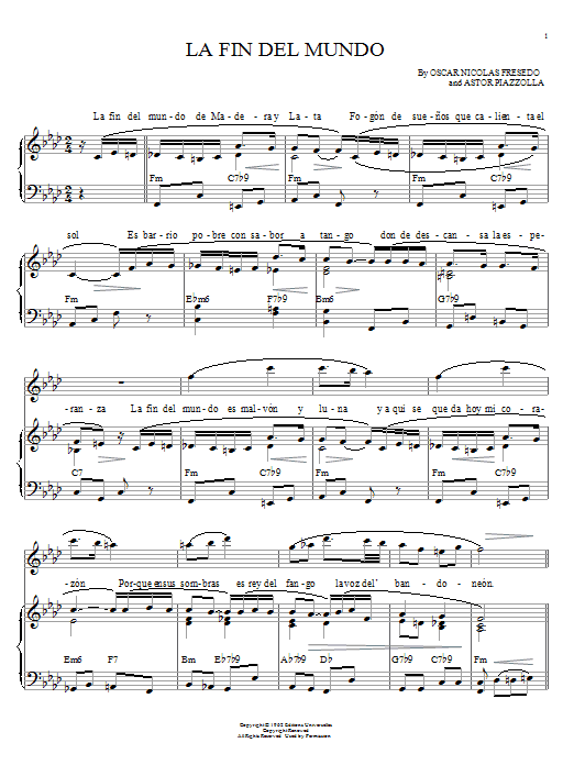 Preview Astor Piazzolla La fin del mundo Jazz sheet music, notes and chords for Piano, SKU: 58831 sheet music, piano notes, chords, guitar tabs, score, transpose, transcribe, how to play, guide, download, learn, tutorial, progression, song, artist, awards, billboard, mtv, vh1, tour, single, album, release