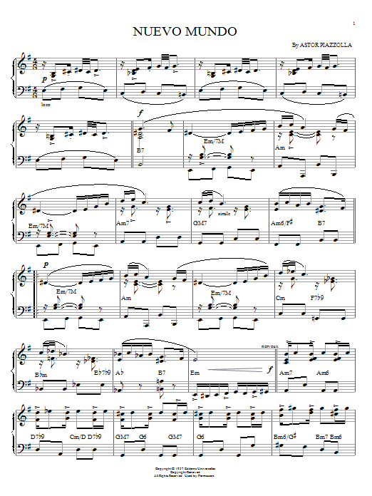 Preview Astor Piazzolla Nuevo Mundo Jazz sheet music, notes and chords for Piano, SKU: 58808 sheet music, piano notes, chords, guitar tabs, score, transpose, transcribe, how to play, guide, download, learn, tutorial, progression, song, artist, awards, billboard, mtv, vh1, tour, single, album, release