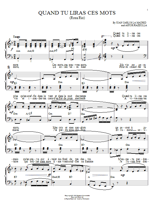 Preview Astor Piazzolla Quand tu liras ces mots (Rosa Rio) Jazz sheet music, notes and chords for Piano, SKU: 58838 sheet music, piano notes, chords, guitar tabs, score, transpose, transcribe, how to play, guide, download, learn, tutorial, progression, song, artist, awards, billboard, mtv, vh1, tour, single, album, release