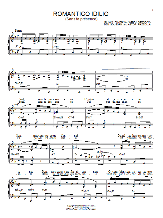 Preview Astor Piazzolla Romantico Idilio (Sans ta presence) Classical sheet music, notes and chords for Piano, SKU: 158726 sheet music, piano notes, chords, guitar tabs, score, transpose, transcribe, how to play, guide, download, learn, tutorial, progression, song, artist, awards, billboard, mtv, vh1, tour, single, album, release