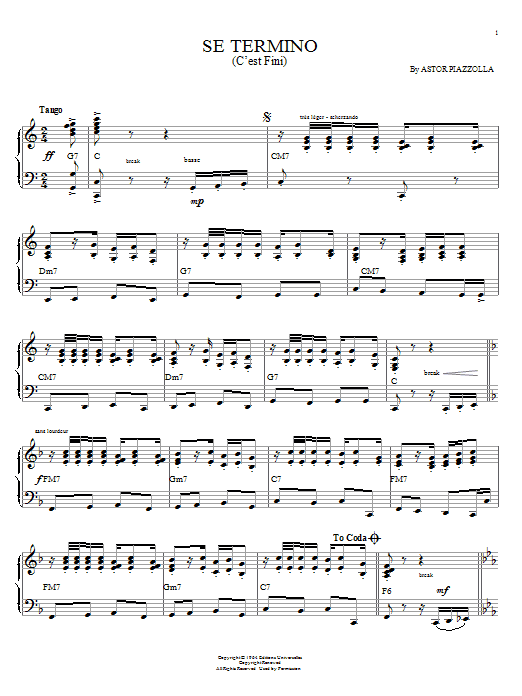 Download Astor Piazzolla Se Termino (C'est fini) sheet music and printable PDF score & Jazz music notes