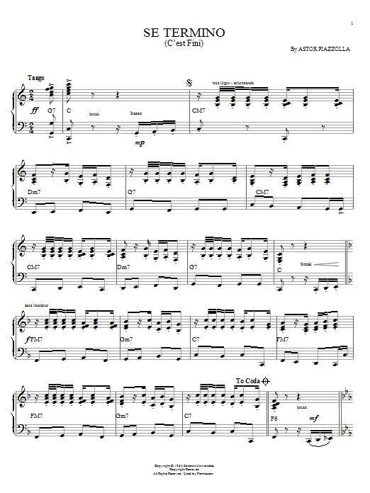 Preview Astor Piazzolla Se Termino (C'est fini) Classical sheet music, notes and chords for Piano, SKU: 158733 sheet music, piano notes, chords, guitar tabs, score, transpose, transcribe, how to play, guide, download, learn, tutorial, progression, song, artist, awards, billboard, mtv, vh1, tour, single, album, release