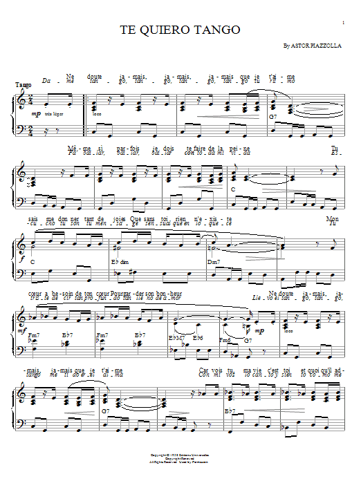 Download Astor Piazzolla Te quiero tango sheet music and printable PDF score & Jazz music notes