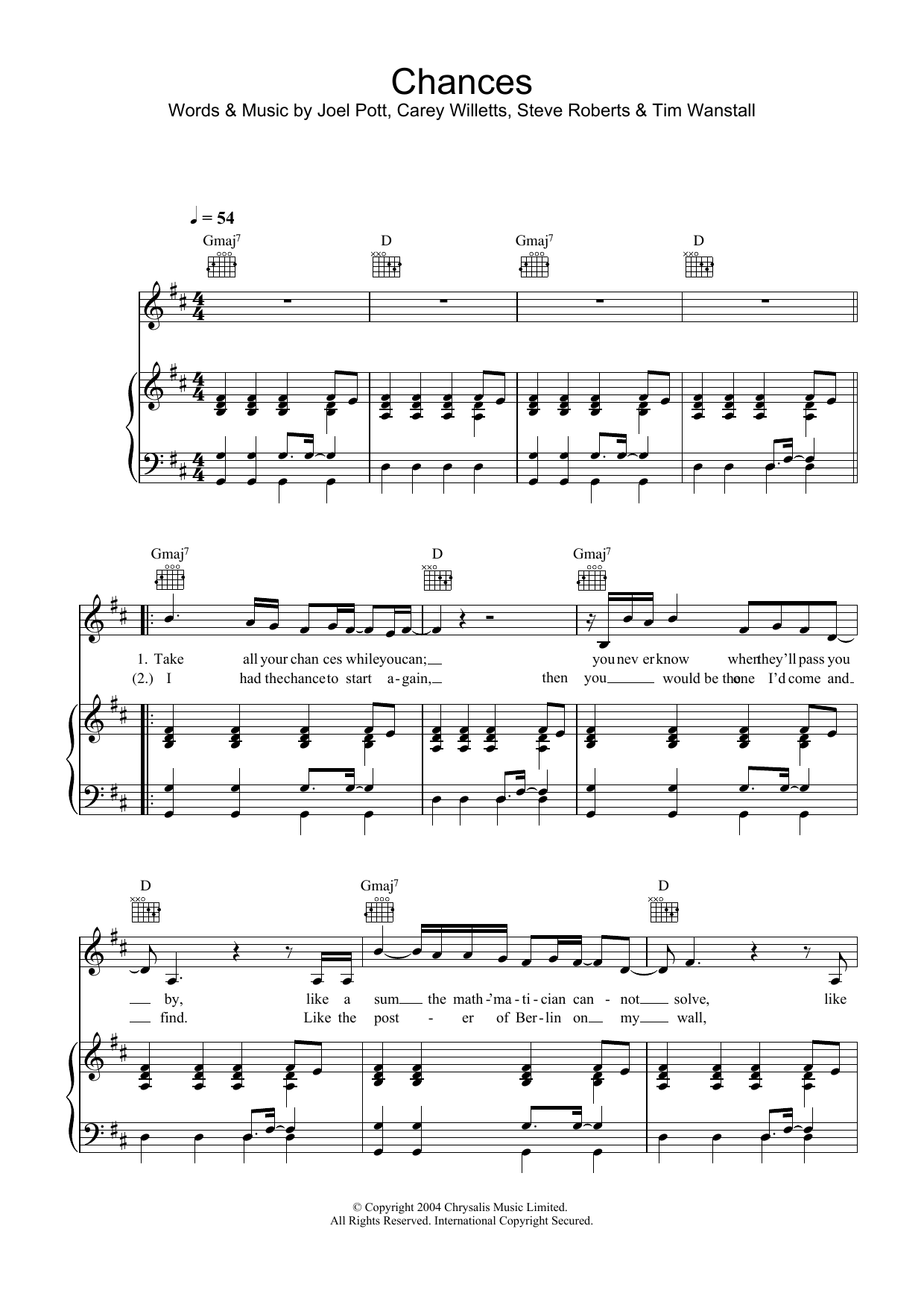Preview Athlete Chances Rock sheet music, notes and chords for Piano, Vocal & Guitar, SKU: 31760 Download Athlete Chances sheet music and printable PDF score & Rock music notes
