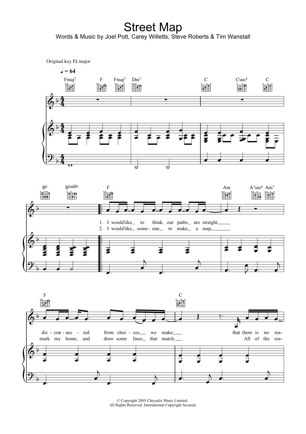 Preview Athlete Street Map Rock sheet music, notes and chords for Piano, Vocal & Guitar, SKU: 31767 Download Athlete Street Map sheet music and printable PDF score & Rock music notes