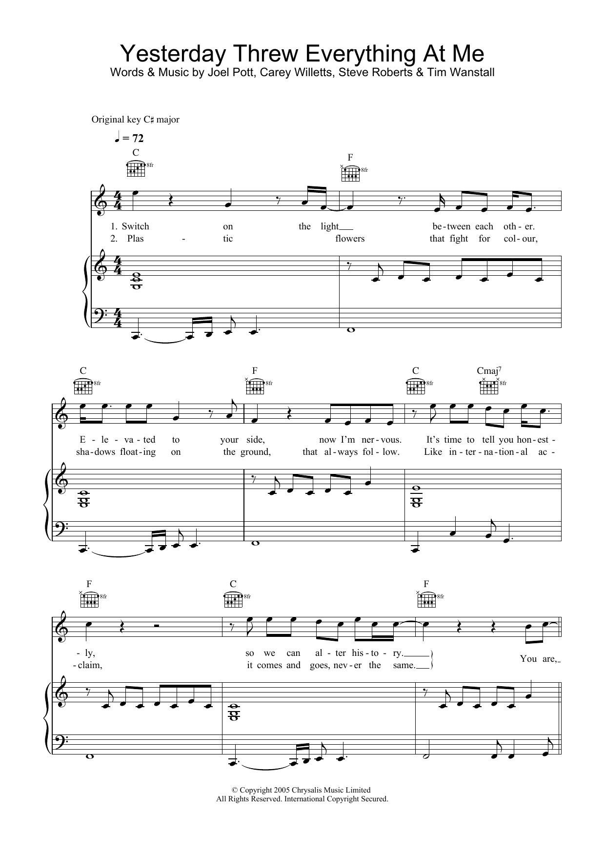 Preview Athlete Yesterday Threw Everything At Me Rock sheet music, notes and chords for Piano, Vocal & Guitar, SKU: 31766 Download Athlete Yesterday Threw Everything At Me sheet music and printable PDF score & Rock music notes