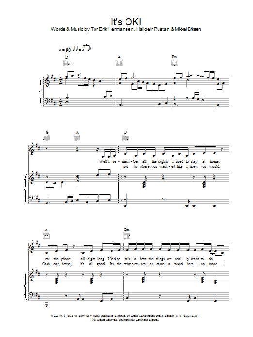 Preview Atomic Kitten It's OK! Pop sheet music, notes and chords for Piano, Vocal & Guitar, SKU: 21806 Download Atomic Kitten It's OK! sheet music and printable PDF score & Pop music notes