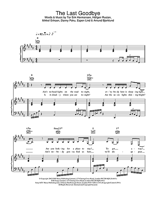 Preview Atomic Kitten The Last Goodbye Pop sheet music, notes and chords for Piano, Vocal & Guitar, SKU: 21811 sheet music, piano notes, chords, guitar tabs, score, transpose, transcribe, how to play, guide, download, learn, tutorial, progression, song, artist, awards, billboard, mtv, vh1, tour, single, album, release