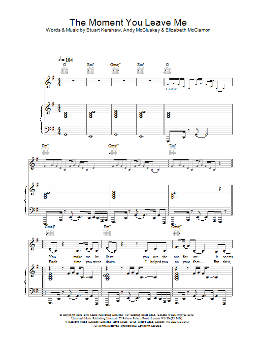 Preview Atomic Kitten The Moment You Leave Me Pop sheet music, notes and chords for Piano, Vocal & Guitar, SKU: 21812 Download Atomic Kitten The Moment You Leave Me sheet music and printable PDF score & Pop music notes