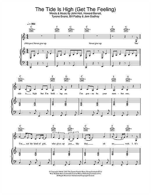 Preview Atomic Kitten The Tide Is High (Get The Feeling) Pop sheet music, notes and chords for Keyboard, SKU: 108385 sheet music, piano notes, chords, guitar tabs, score, transpose, transcribe, how to play, guide, download, learn, tutorial, progression, song, artist, awards, billboard, mtv, vh1, tour, single, album, release