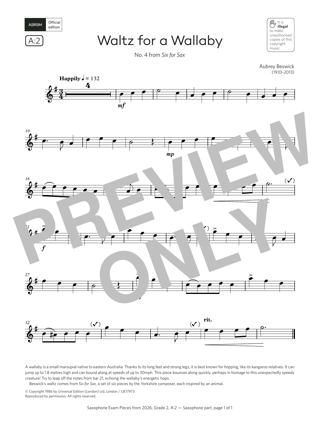 Aubrey Beswick Waltz for a Wallaby (Grade 2, list A2, from the ABRSM Saxophone Syllabus from 2026) Sheet Music & Chords for Alto Sax Solo - Download or Print PDF