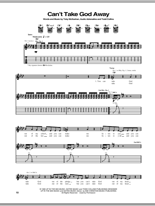 Preview Audio Adrenaline Can't Take God Away Pop sheet music, notes and chords for Guitar Tab, SKU: 69311 Download Audio Adrenaline Can't Take God Away sheet music and printable PDF score & Pop music notes