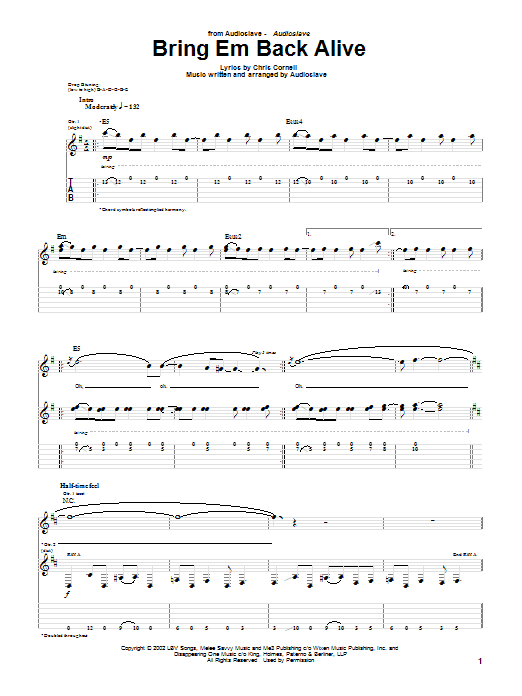 Preview Audioslave Bring Em Back Alive Metal sheet music, notes and chords for Guitar Tab, SKU: 24973 Download Audioslave Bring Em Back Alive sheet music and printable PDF score & Metal music notes