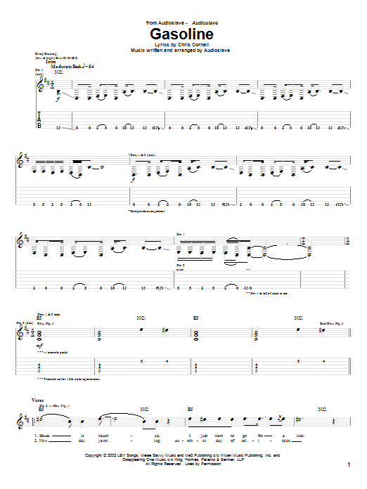 Preview Audioslave Gasoline Metal sheet music, notes and chords for Guitar Tab, SKU: 24966 Download Audioslave Gasoline sheet music and printable PDF score & Metal music notes