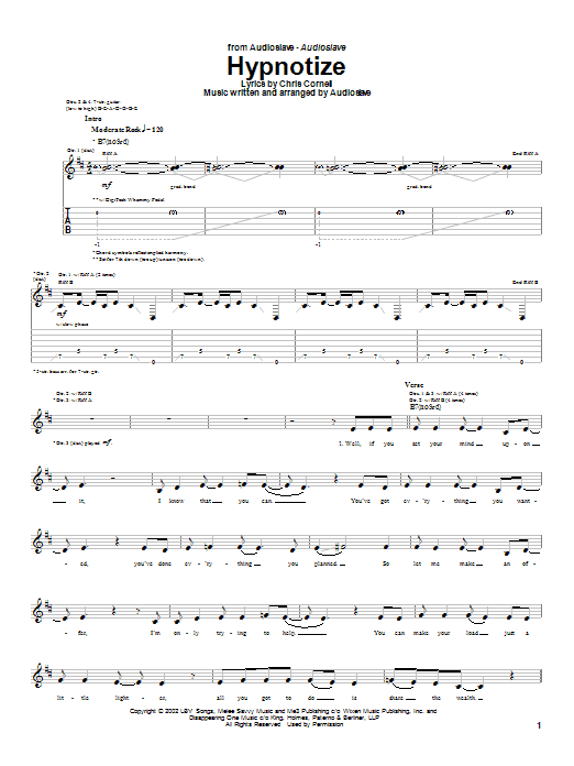 Download Audioslave Hypnotize sheet music and printable PDF score & Metal music notes