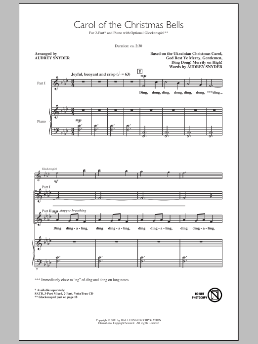 Preview Audrey Snyder Carol Of The Christmas Bells Concert sheet music, notes and chords for 2-Part Choir, SKU: 82360 Download Audrey Snyder Carol Of The Christmas Bells sheet music and printable PDF score & Concert music notes