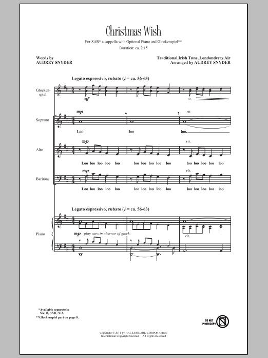 Preview Audrey Snyder Christmas Wish World sheet music, notes and chords for SATB, SKU: 82417 sheet music, piano notes, chords, guitar tabs, score, transpose, transcribe, how to play, guide, download, learn, tutorial, progression, song, artist, awards, billboard, mtv, vh1, tour, single, album, release