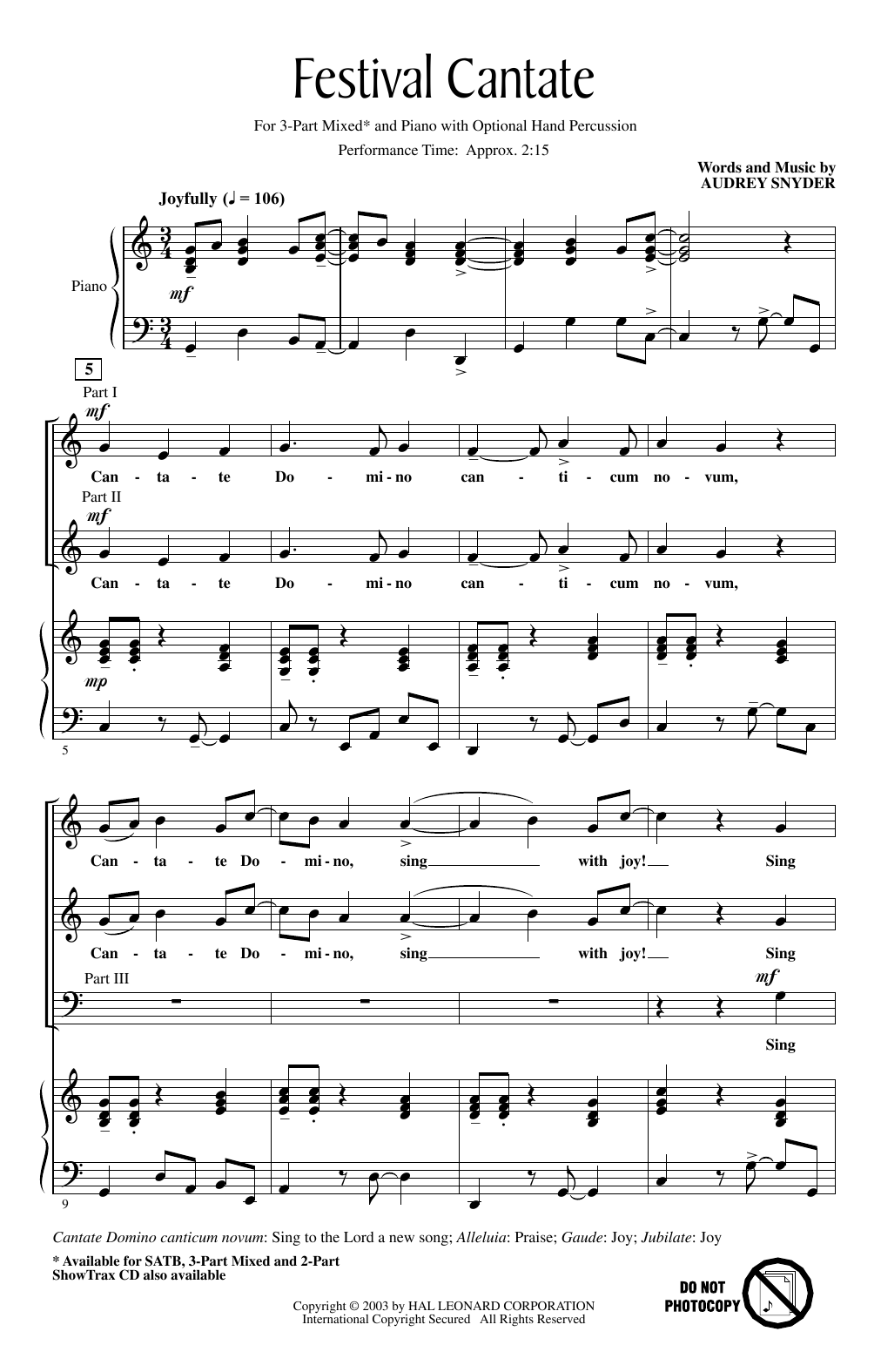 Preview Audrey Snyder Festival Cantate Festival sheet music, notes and chords for 3-Part Mixed Choir, SKU: 405078 sheet music, piano notes, chords, guitar tabs, score, transpose, transcribe, how to play, guide, download, learn, tutorial, progression, song, artist, awards, billboard, mtv, vh1, tour, single, album, release