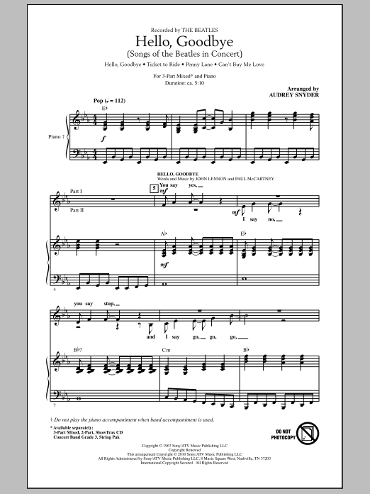 Preview Audrey Snyder Hello, Goodbye (Songs Of The Beatles In Concert) Pop sheet music, notes and chords for 3-Part Mixed Choir, SKU: 290080 sheet music, piano notes, chords, guitar tabs, score, transpose, transcribe, how to play, guide, download, learn, tutorial, progression, song, artist, awards, billboard, mtv, vh1, tour, single, album, release