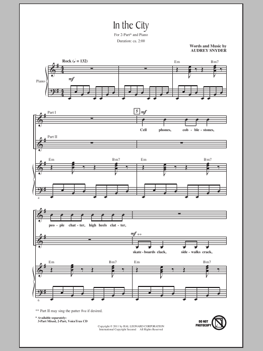 Preview Audrey Snyder In The City Concert sheet music, notes and chords for 2-Part Choir, SKU: 82399 sheet music, piano notes, chords, guitar tabs, score, transpose, transcribe, how to play, guide, download, learn, tutorial, progression, song, artist, awards, billboard, mtv, vh1, tour, single, album, release