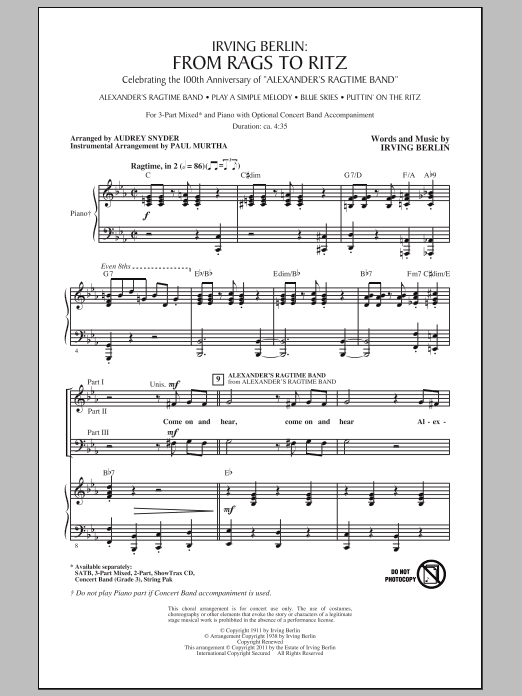 Preview Audrey Snyder I Love Ragtime (Medley) Broadway sheet music, notes and chords for SATB, SKU: 82367 sheet music, piano notes, chords, guitar tabs, score, transpose, transcribe, how to play, guide, download, learn, tutorial, progression, song, artist, awards, billboard, mtv, vh1, tour, single, album, release