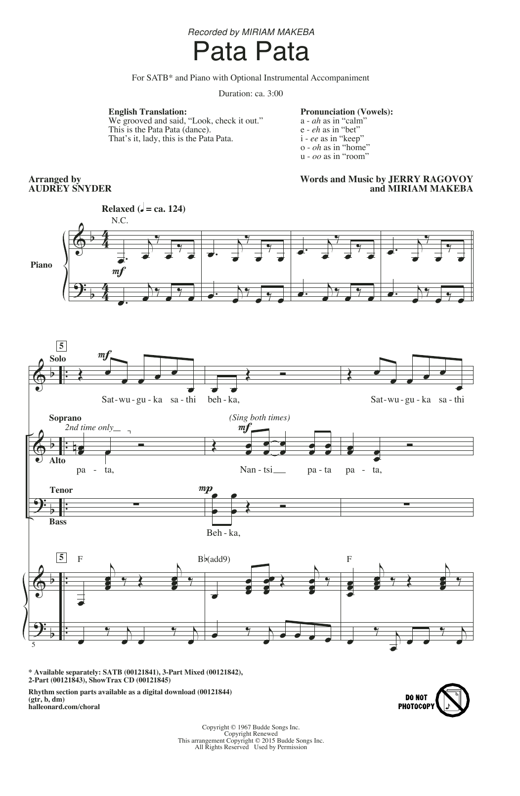 Preview Audrey Snyder Pata Pata Light Concert sheet music, notes and chords for 3-Part Mixed, SKU: 159932 sheet music, piano notes, chords, guitar tabs, score, transpose, transcribe, how to play, guide, download, learn, tutorial, progression, song, artist, awards, billboard, mtv, vh1, tour, single, album, release