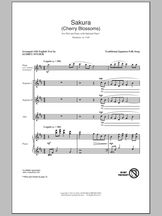 Preview Audrey Snyder Sakura (Cherry Blossoms) World sheet music, notes and chords for SSA, SKU: 79267 Download Audrey Snyder Sakura (Cherry Blossoms) sheet music and printable PDF score & World music notes