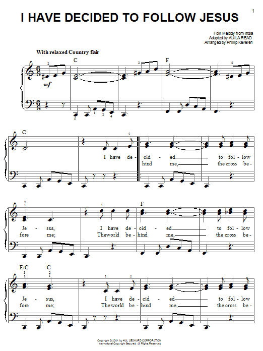 Preview Auila Read I Have Decided To Follow Jesus Folk sheet music, notes and chords for Lyrics & Chords, SKU: 82353 Download Auila Read I Have Decided To Follow Jesus sheet music and printable PDF score & Folk music notes