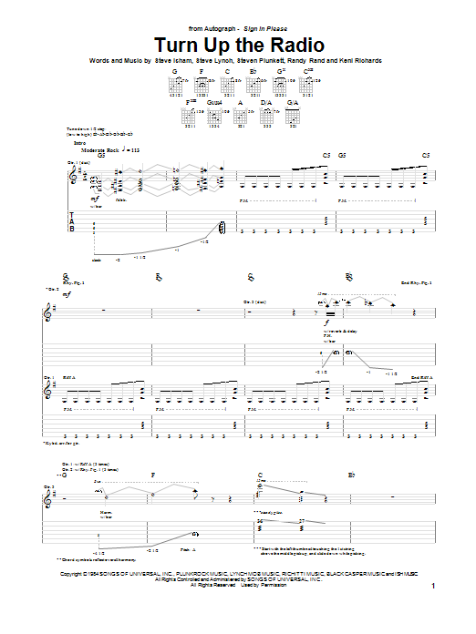 Preview Autograph Turn Up The Radio Pop sheet music, notes and chords for Guitar Tab, SKU: 58450 sheet music, piano notes, chords, guitar tabs, score, transpose, transcribe, how to play, guide, download, learn, tutorial, progression, song, artist, awards, billboard, mtv, vh1, tour, single, album, release