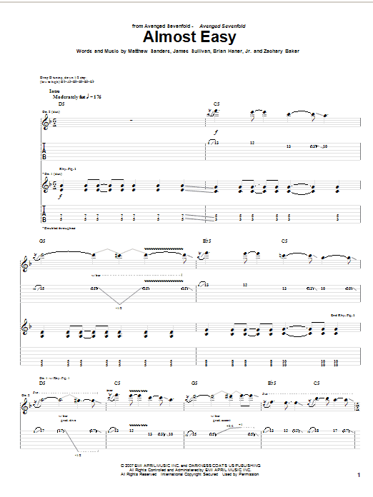 Preview Avenged Sevenfold Almost Easy Pop sheet music, notes and chords for Guitar Tab, SKU: 62617 Download Avenged Sevenfold Almost Easy sheet music and printable PDF score & Pop music notes
